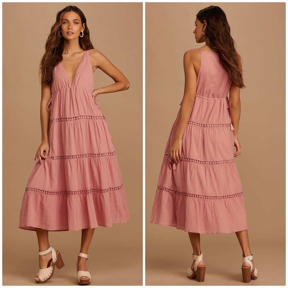 Lulus Favorite Feeling Rose Pink Crochet Lace Tiered Midi Dress Bust 32”